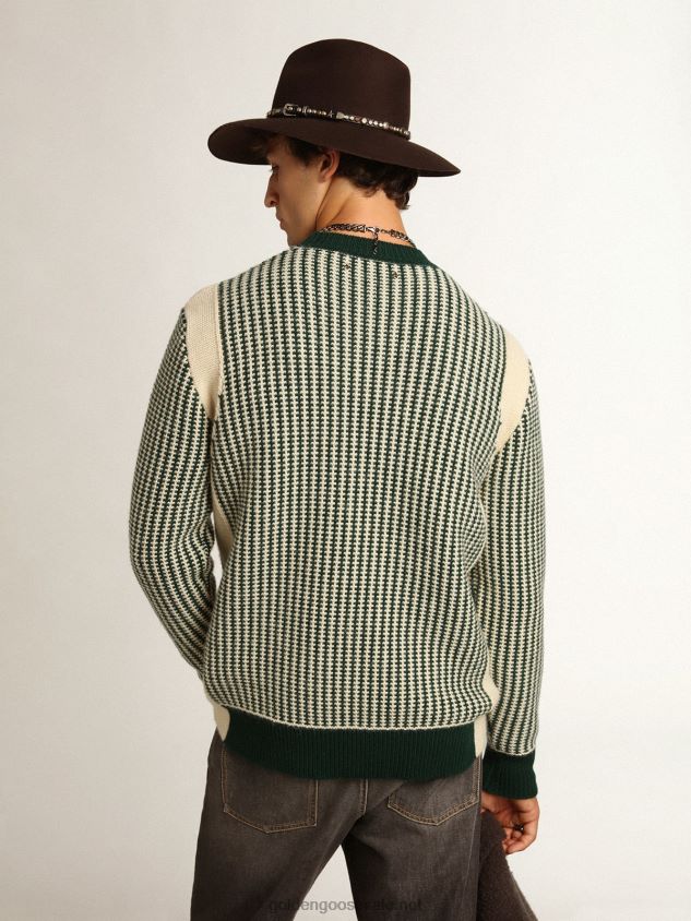 Journey Collection round-neck sweater in two-tone white and green wool FN20N749 Men Golden Goose