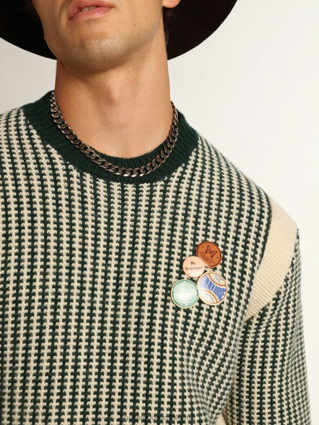 Journey Collection round-neck sweater in two-tone white and green wool FN20N749 Men Golden Goose