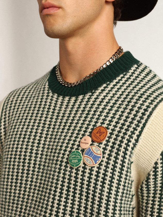 Journey Collection round-neck sweater in two-tone white and green wool FN20N749 Men Golden Goose