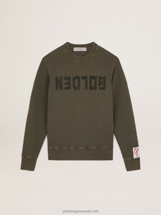 Olive-green Collection sweatshirt with a distressed treatment and Golden lettering on the front FN20N713 Men