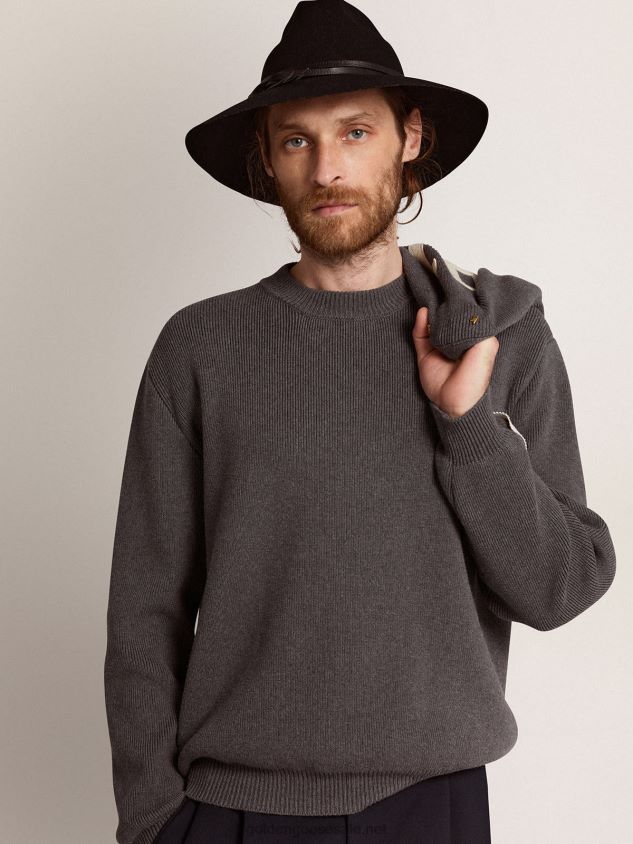 Round-neck sweater in dark gray cotton with logo on the back FN20N719 Men Golden Goose