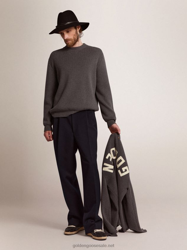 Round-neck sweater in dark gray cotton with logo on the back FN20N719 Men Golden Goose