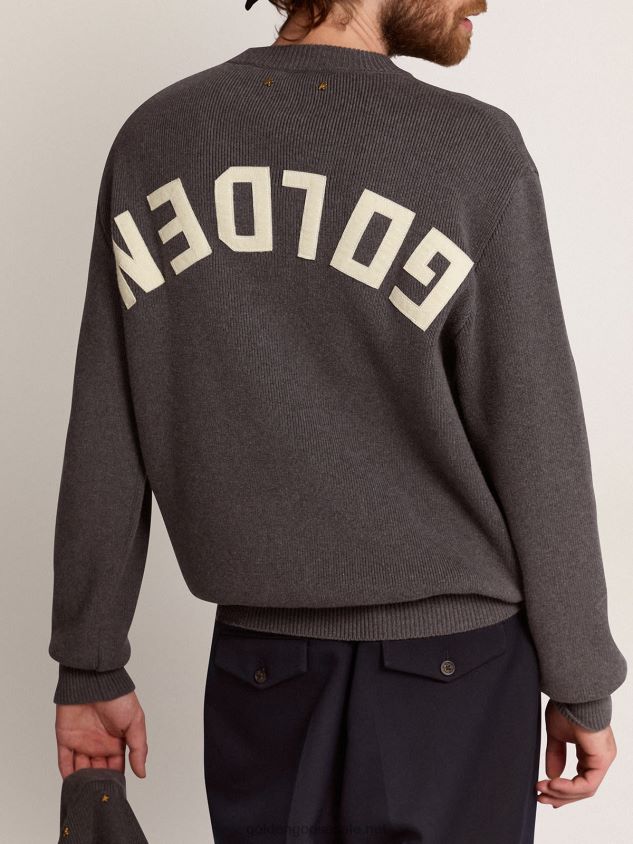 Round-neck sweater in dark gray cotton with logo on the back FN20N719 Men Golden Goose