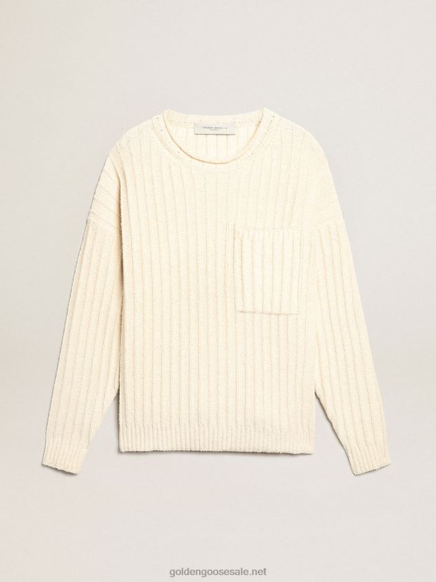 Round-neck sweater in papyrus-colored cotton-blend yarn FN20N792 Men Golden Goose