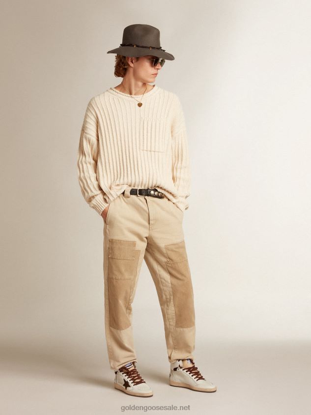 Round-neck sweater in papyrus-colored cotton-blend yarn FN20N792 Men Golden Goose