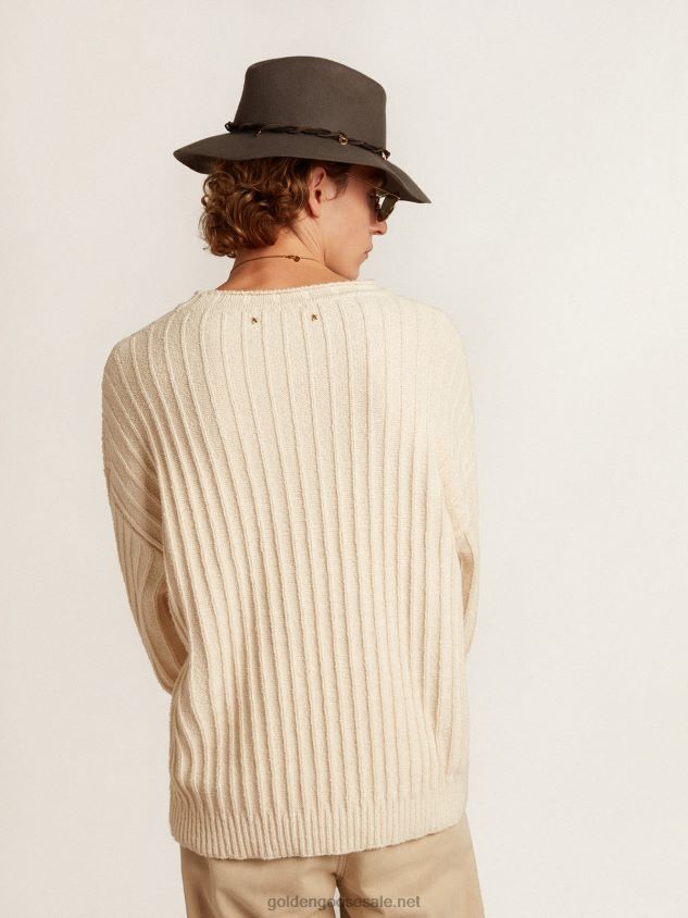 Round-neck sweater in papyrus-colored cotton-blend yarn FN20N792 Men Golden Goose