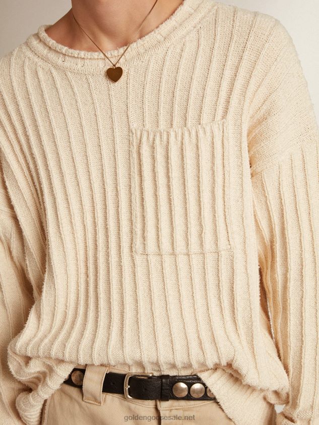 Round-neck sweater in papyrus-colored cotton-blend yarn FN20N792 Men Golden Goose
