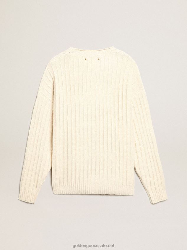 Round-neck sweater in papyrus-colored cotton-blend yarn FN20N792 Men Golden Goose