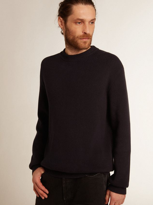 round-neck sweater in dark blue cotton with logo on the back FN20N757 Men Golden Goose