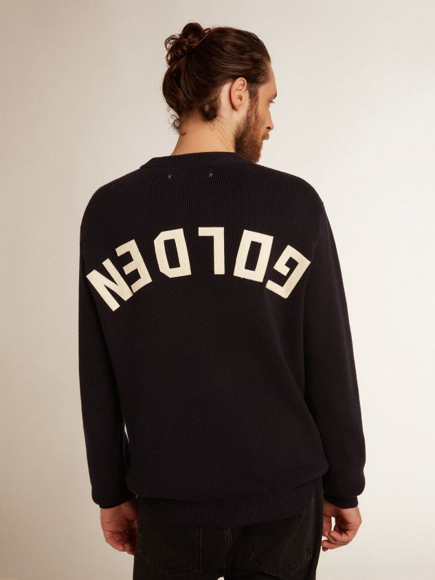round-neck sweater in dark blue cotton with logo on the back FN20N757 Men Golden Goose