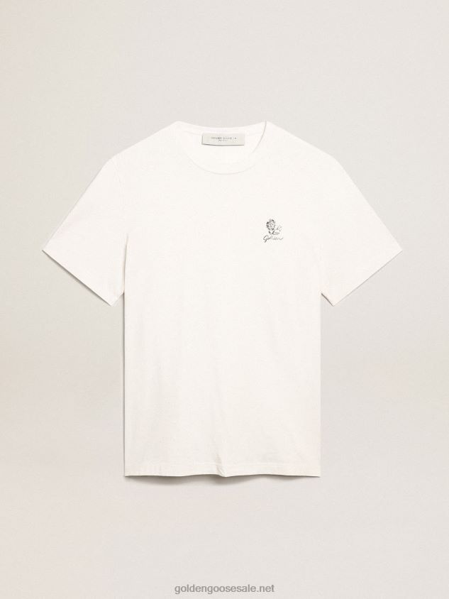 Resort Collection linen T-shirt in vintage white cotton with printed flower FN20N708 Men Golden Goose