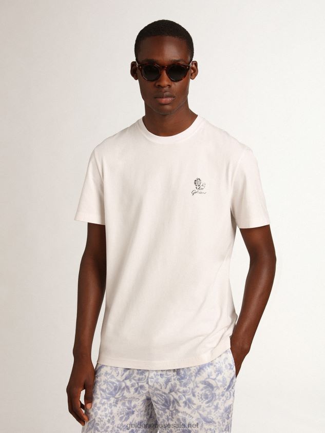 Resort Collection linen T-shirt in vintage white cotton with printed flower FN20N708 Men Golden Goose