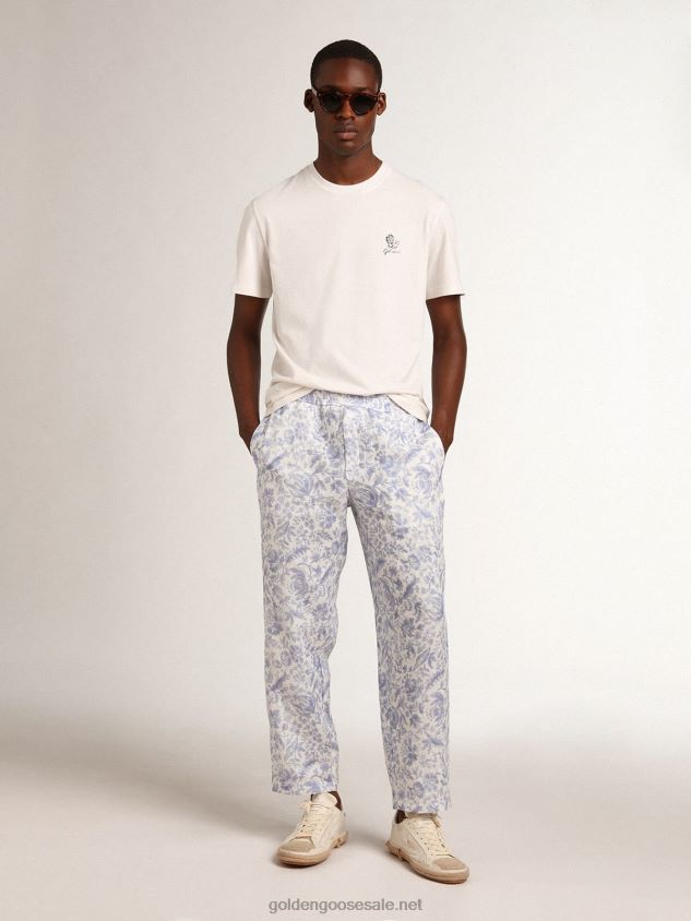 Resort Collection linen T-shirt in vintage white cotton with printed flower FN20N708 Men Golden Goose