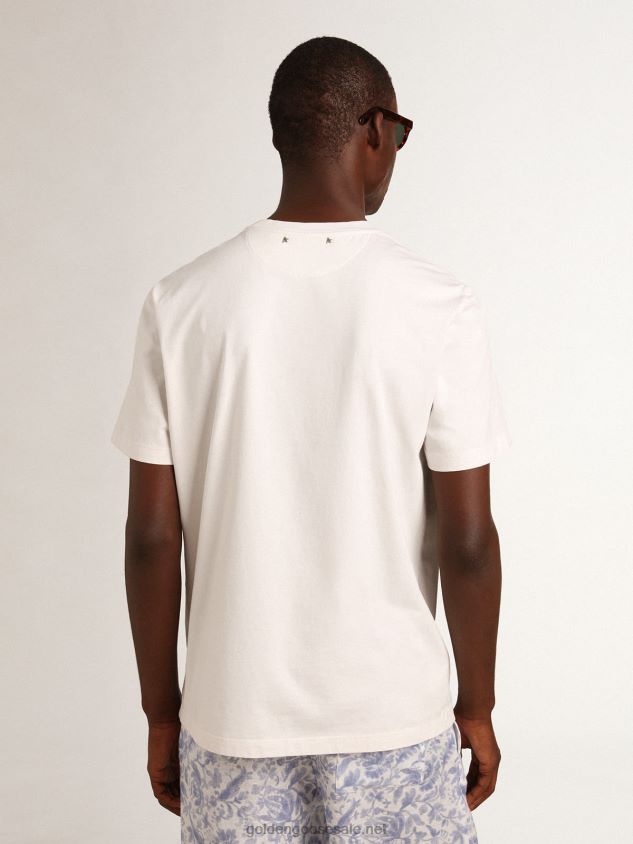 Resort Collection linen T-shirt in vintage white cotton with printed flower FN20N708 Men Golden Goose