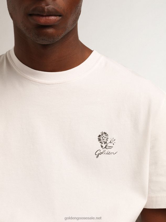 Resort Collection linen T-shirt in vintage white cotton with printed flower FN20N708 Men Golden Goose