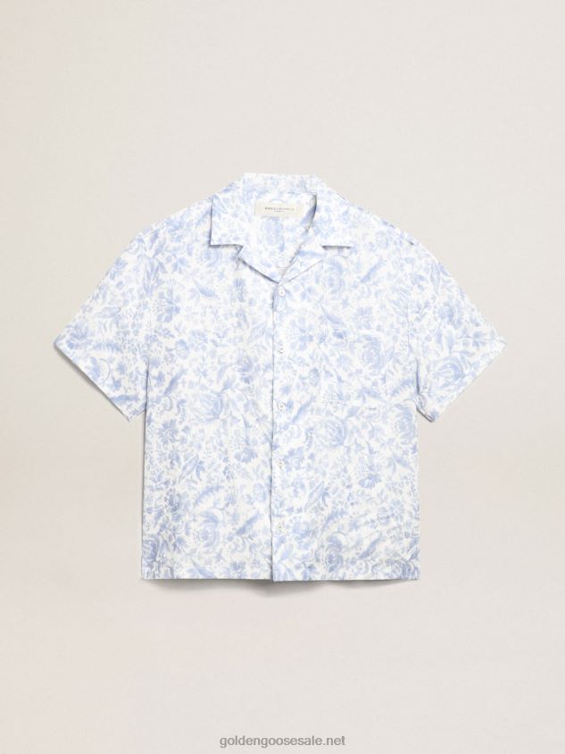 Resort Collection linen shirt with Mediterranean blue print FN20N738 Men Golden Goose