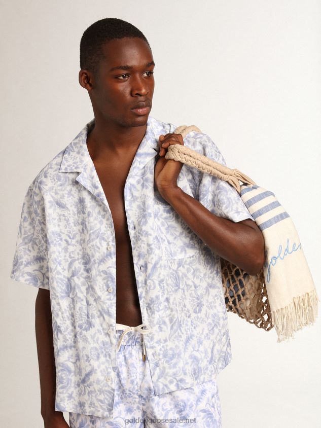 Resort Collection linen shirt with Mediterranean blue print FN20N738 Men Golden Goose