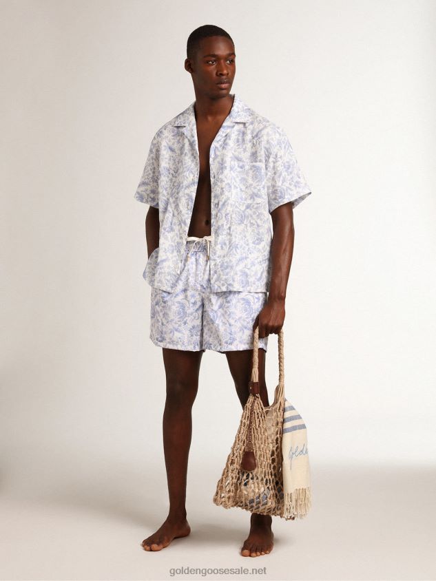 Resort Collection linen shirt with Mediterranean blue print FN20N738 Men Golden Goose