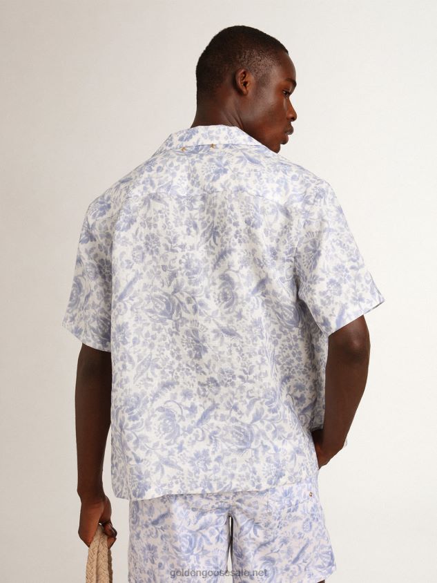 Resort Collection linen shirt with Mediterranean blue print FN20N738 Men Golden Goose