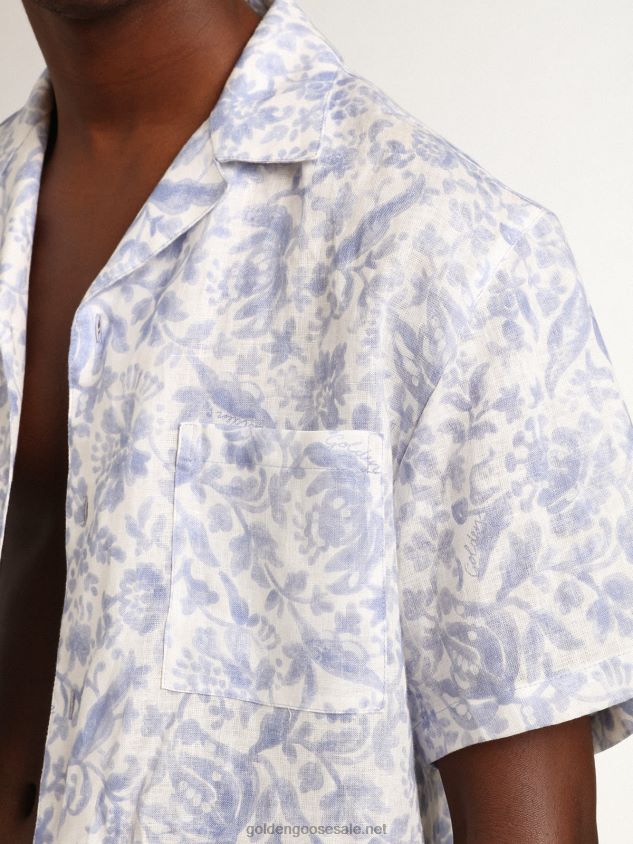 Resort Collection linen shirt with Mediterranean blue print FN20N738 Men Golden Goose