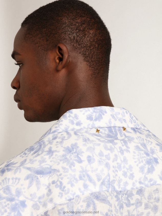 Resort Collection linen shirt with Mediterranean blue print FN20N738 Men Golden Goose