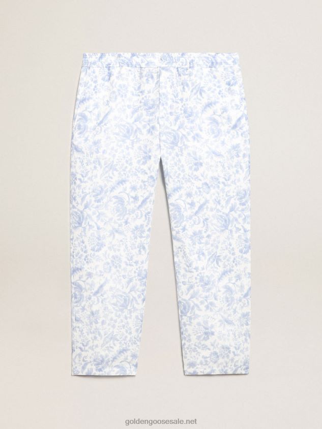 Resort Collection linen trousers with Mediterranean blue print FN20N734 Men Golden Goose