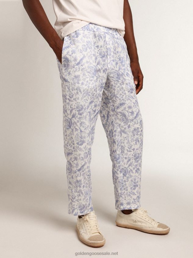 Resort Collection linen trousers with Mediterranean blue print FN20N734 Men Golden Goose