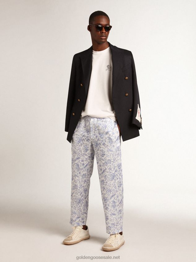Resort Collection linen trousers with Mediterranean blue print FN20N734 Men Golden Goose