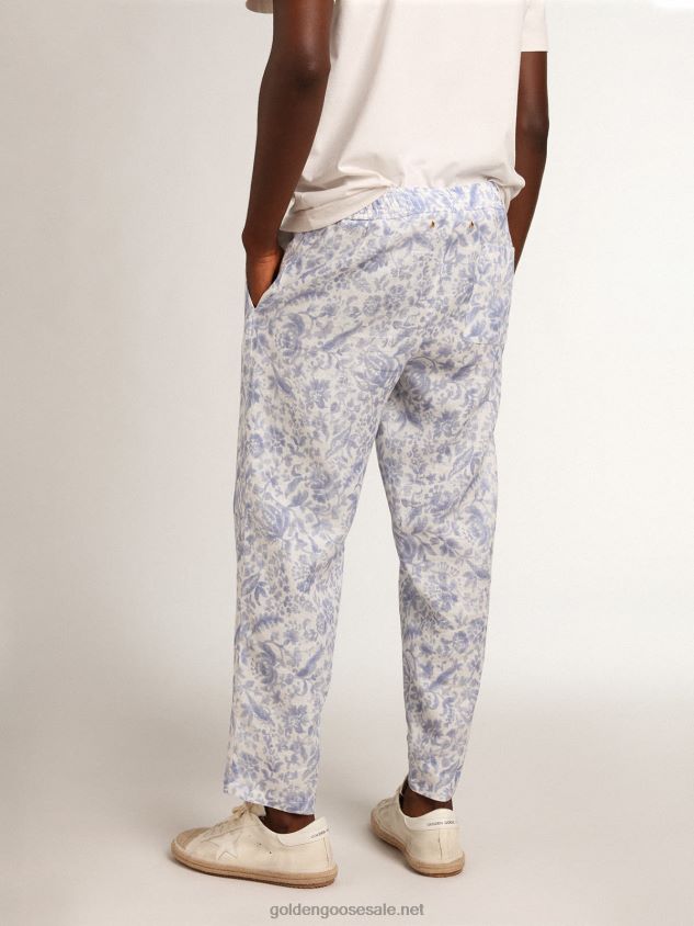 Resort Collection linen trousers with Mediterranean blue print FN20N734 Men Golden Goose