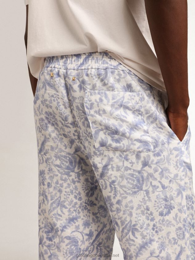 Resort Collection linen trousers with Mediterranean blue print FN20N734 Men Golden Goose