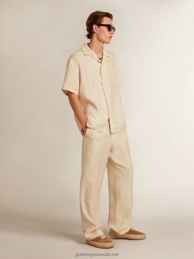 Short-sleeved shirt in parchment-colored linen FN20N779 Men Golden Goose