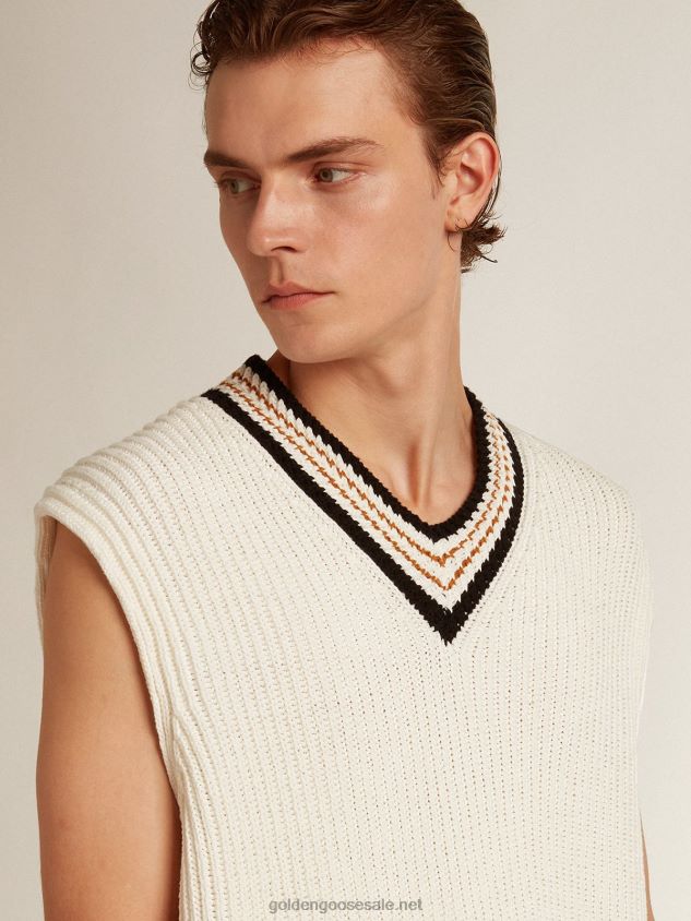 V-neck vest in papyrus-colored cotton yarn FN20N783 Men Golden Goose