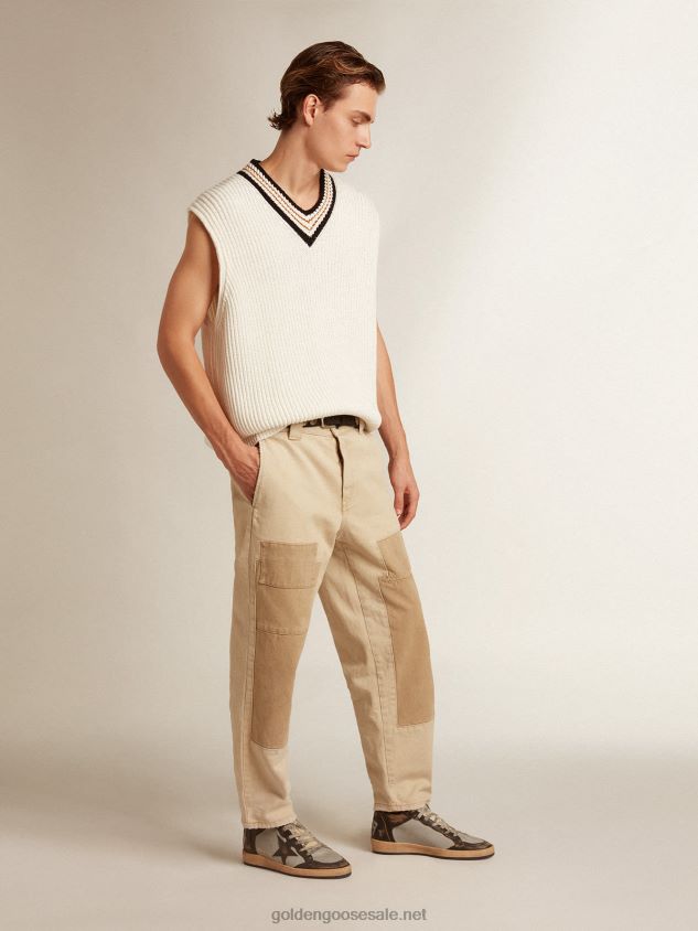 V-neck vest in papyrus-colored cotton yarn FN20N783 Men Golden Goose