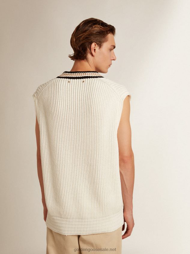 V-neck vest in papyrus-colored cotton yarn FN20N783 Men Golden Goose