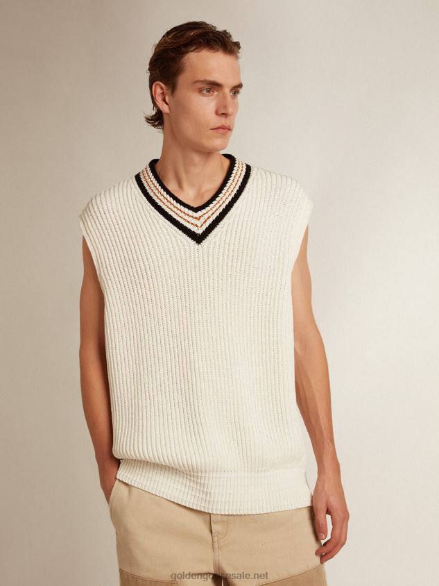 V-neck vest in papyrus-colored cotton yarn FN20N783 Men Golden Goose