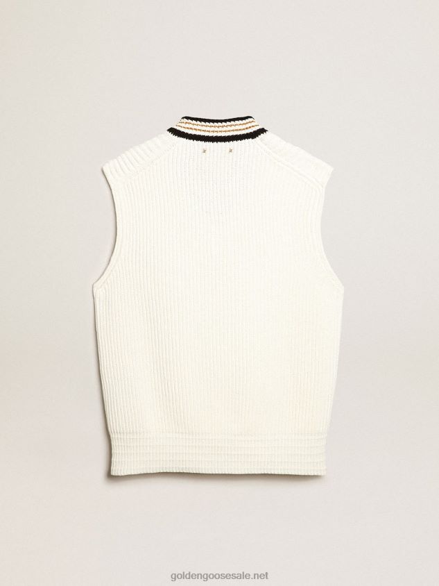 V-neck vest in papyrus-colored cotton yarn FN20N783 Men Golden Goose