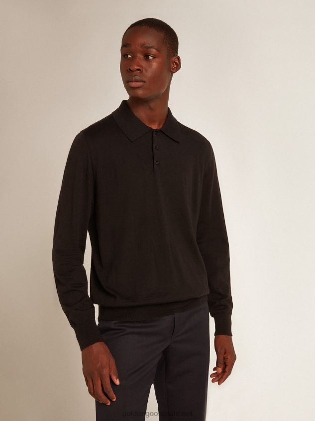 long-sleeved polo shirt in black merino wool FN20N814 Men Golden Goose