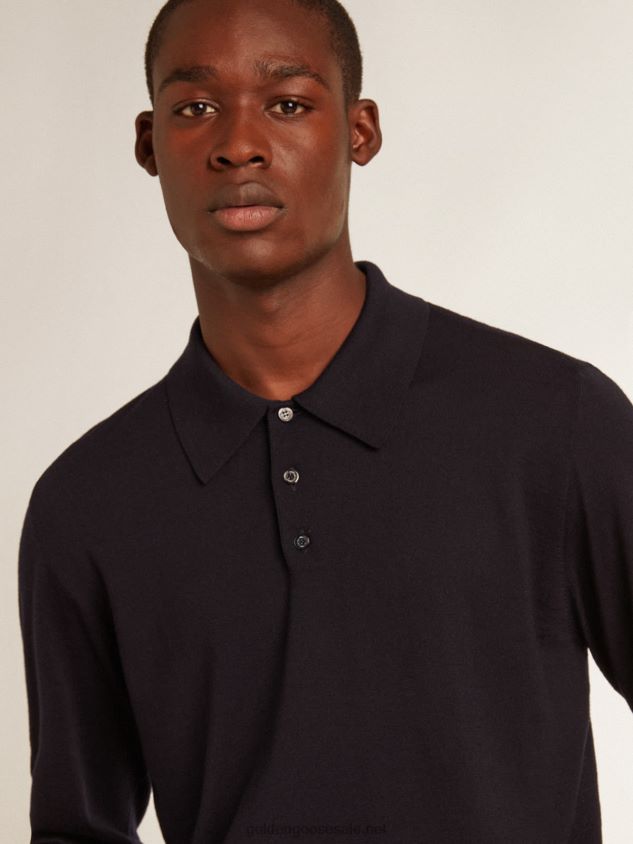long-sleeved polo shirt in navy-blue merino wool FN20N789 Men Golden Goose