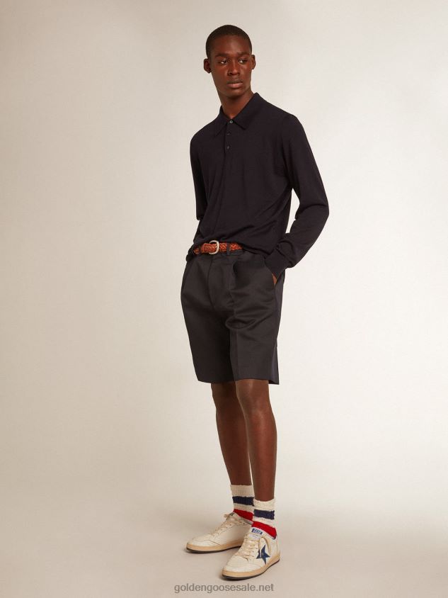 long-sleeved polo shirt in navy-blue merino wool FN20N789 Men Golden Goose