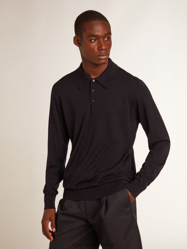 long-sleeved polo shirt in navy-blue merino wool FN20N789 Men Golden Goose