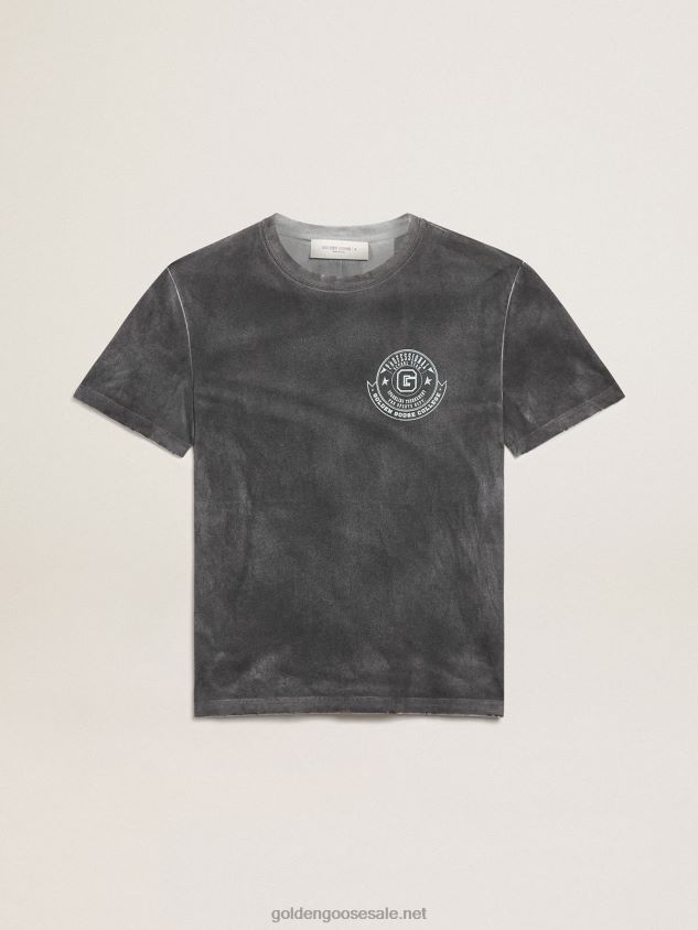 Aged-look gray Journey Collection T-shirt with contrasting seagrass-colored print on the front FN20N822 Men Golden Goose
