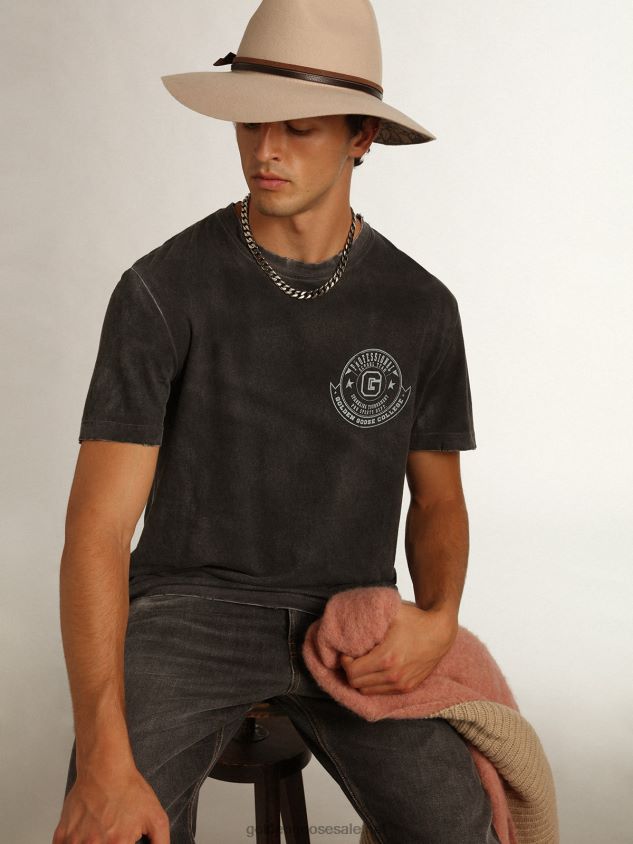 Aged-look gray Journey Collection T-shirt with contrasting seagrass-colored print on the front FN20N822 Men Golden Goose