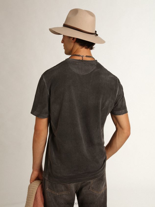 Aged-look gray Journey Collection T-shirt with contrasting seagrass-colored print on the front FN20N822 Men Golden Goose