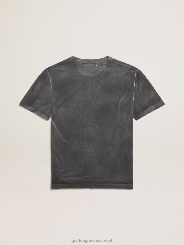 Aged-look gray Journey Collection T-shirt with contrasting seagrass-colored print on the front FN20N822 Men Golden Goose