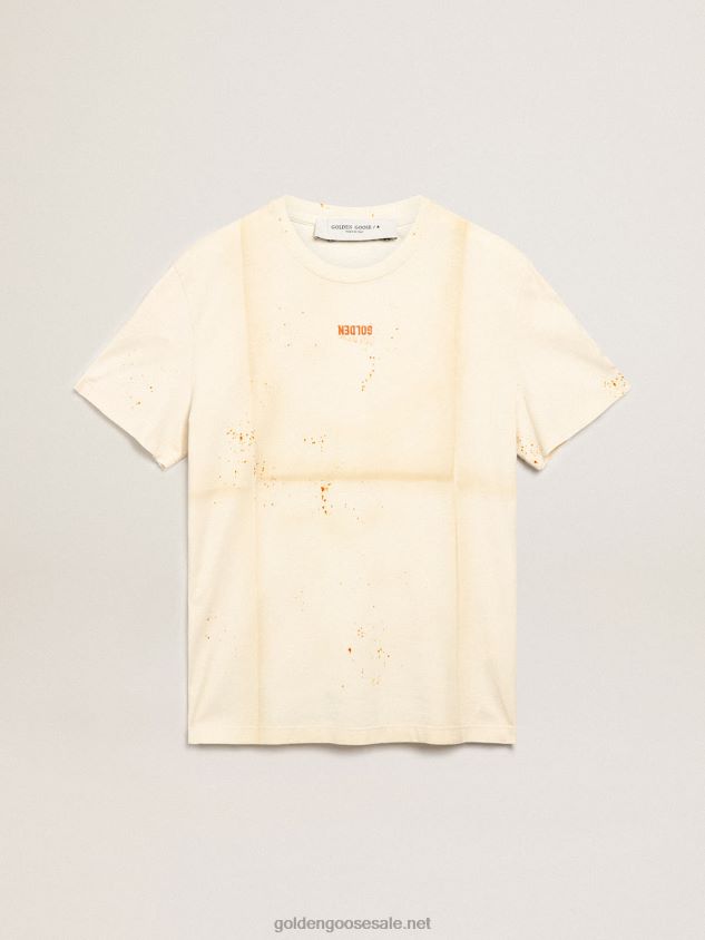 Bone-white Journey Collection T-shirt with a folded-garment effect with Golden lettering and rust-colored spray FN20N728 Men