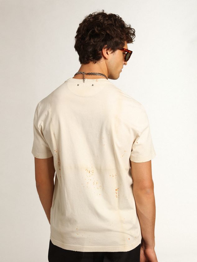 Bone-white Journey Collection T-shirt with a folded-garment effect with Golden lettering and rust-colored spray FN20N728 Men