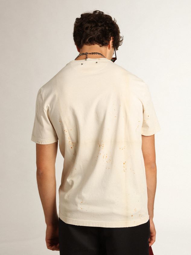 Bone-white Journey Collection T-shirt with a folded-garment effect with Golden lettering and rust-colored spray FN20N728 Men