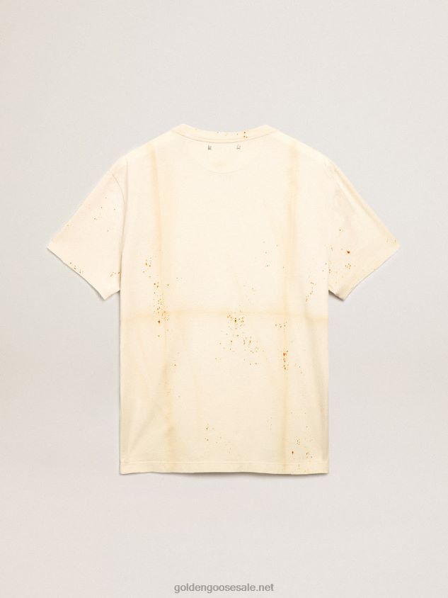 Bone-white Journey Collection T-shirt with a folded-garment effect with Golden lettering and rust-colored spray FN20N728 Men