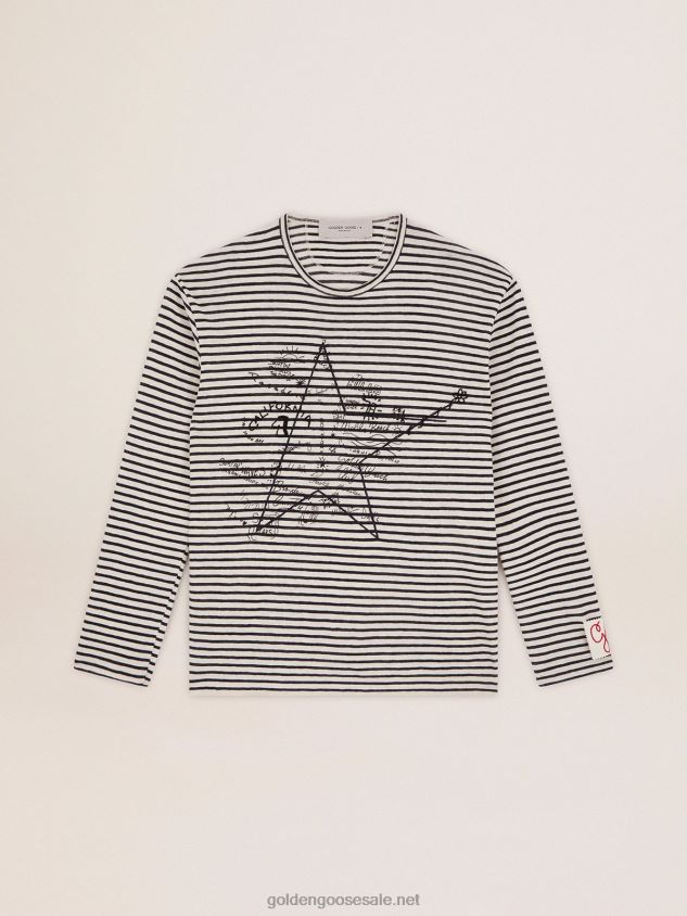 Collection T-shirt with white and blue stripes and embroidery on the front FN20N717 Men Golden Goose