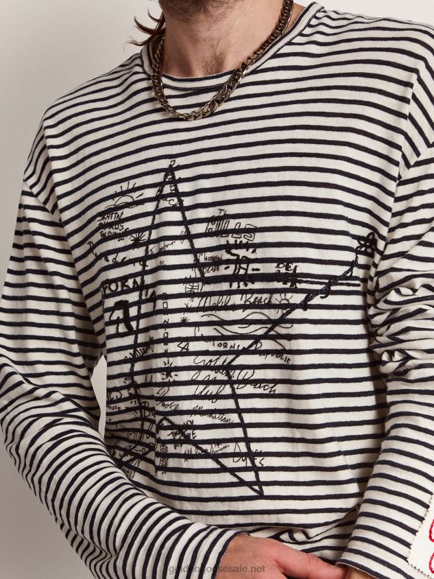 Collection T-shirt with white and blue stripes and embroidery on the front FN20N717 Men Golden Goose